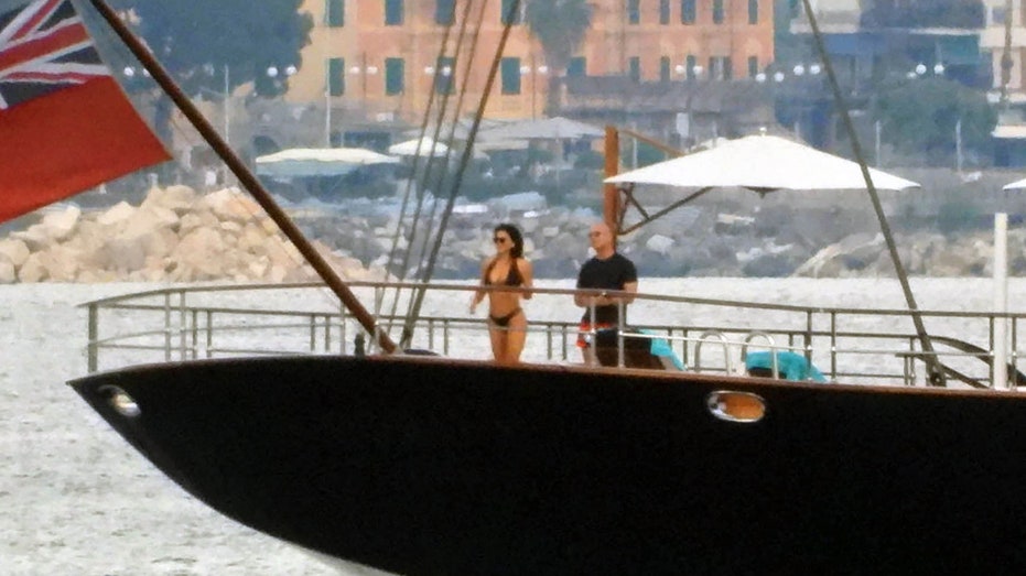 Jeff Bezos with Lauren Sanchez in a bikini aboard their yacht