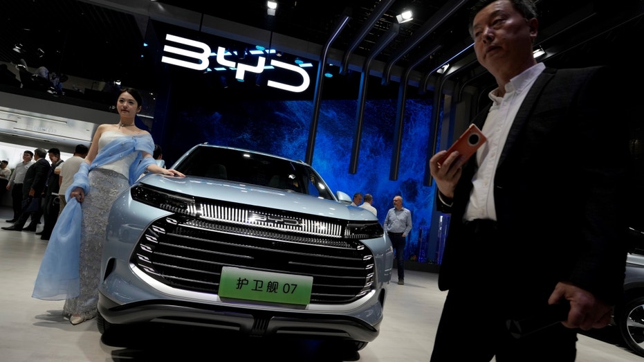 A BYD automobile on display at an auto show