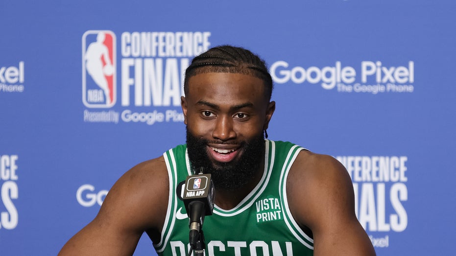 Jaylen Brown speaks at a press conference