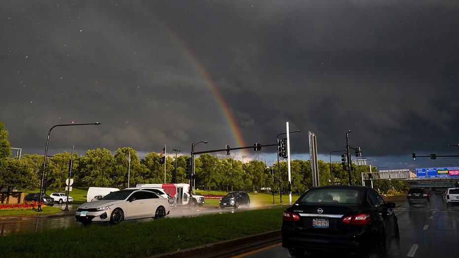 A rainbow is scene near Midway International Airport in Chicago after a tornado touched ground