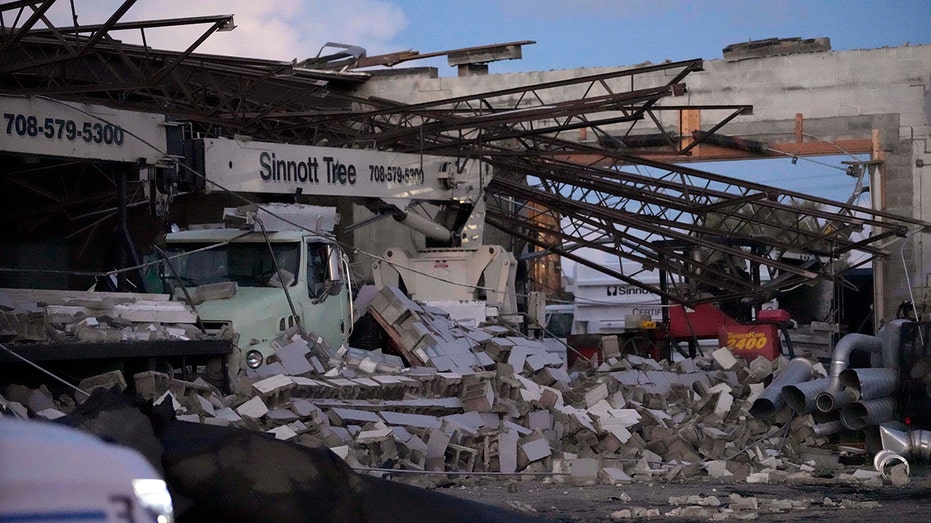 Extensive damage was reported at the Sinnott Tree Service building in McCook, Illinois after a tornado passed through the area