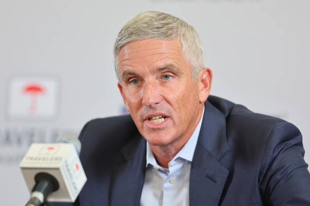 Tour Commissioner Jay Monahan addresses the media during a press conference prior to the Travelers Championship at TPC River Highlands on June 22,...