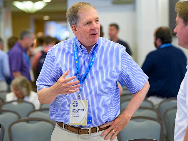 New Hampshire Secretary of State David M. Scanlan attends the summer conference of the National Association of Secretaries of State in Baton Rouge, La., Friday, July 8, 2022. (AP Photo/Matthew Hinton)