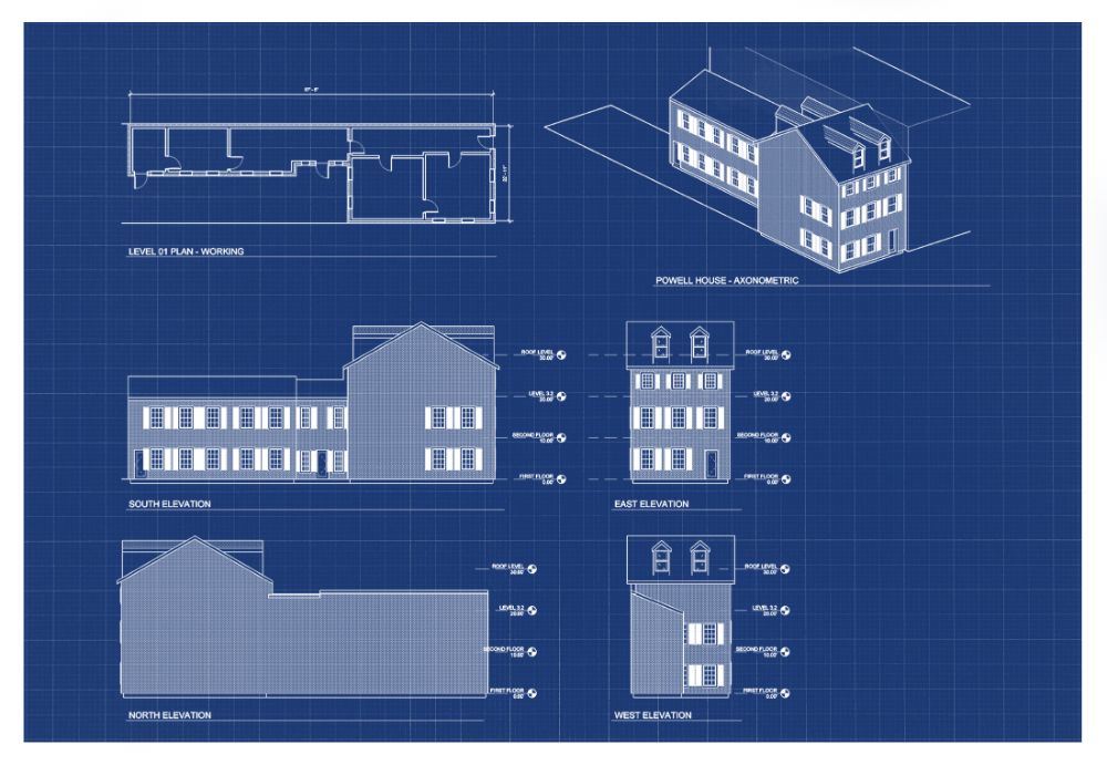 A blue image showing the design for the Elizabeth Powell home in Liberty Village