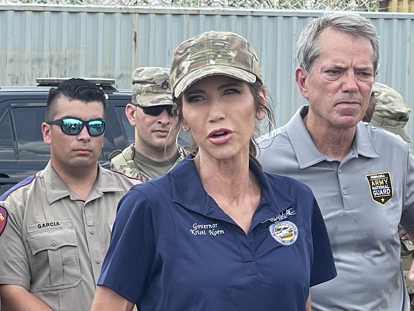 South Dakota Kristi Noem speaks to reporters in Eagle Pass, Texas, following a tour of the border. (Randy Clark/Breitbart Texas)