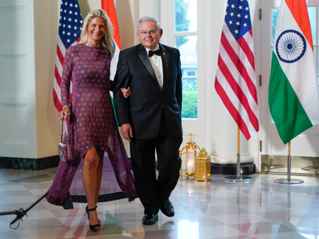 FILE - Sen. Bob Menendez, D-N.J., and his wife Nadine Menendez arrive for the State Dinner with President Joe Biden and India's Prime Minister Narendra Modi at the White House, June 22, 2023, in Washington. Sen. Bob Menendez and his wife were indicted Friday, Sept. 22, on bribery charges. (AP Photo/Jacquelyn Martin, File)