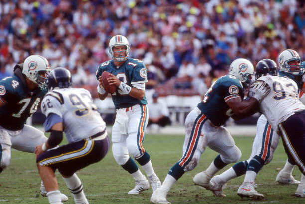 Dan Marino of the Miami Dolphins drops back to pass against the San Diego Chargers at Jack Murphy Stadium circa 1991 in San Diego,California.