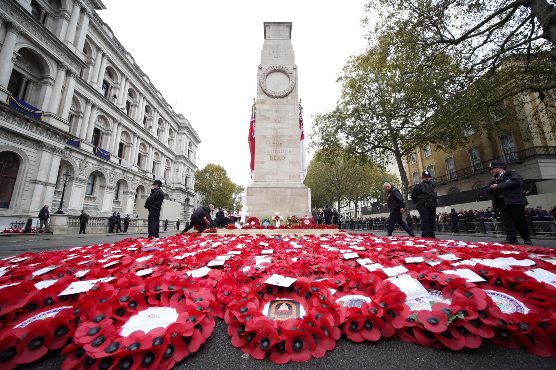 Wreaths left at the Cenotaph, in Whitehall, London following the Remembrance Sunday service. Picture date: Sunday November 12, 2023. (Photo by Aaron Chown/PA Images via Getty Images)