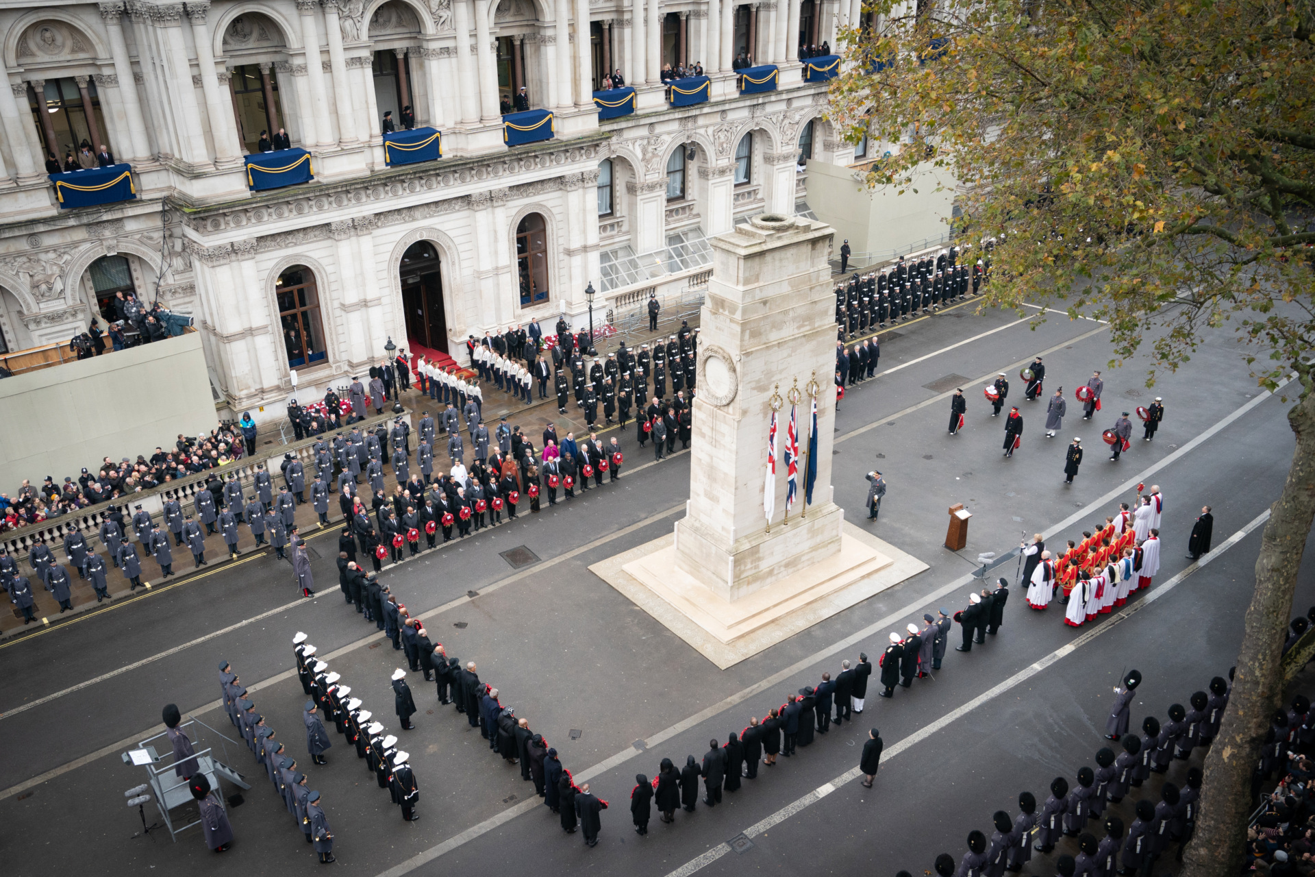 King Charles III salutes after laying a wreath at the Cenotaph in London during the Remembrance Sunday service. Picture date: Sunday November 12, 2023. (Photo by Stefan Rousseau/PA Images via Getty Images)