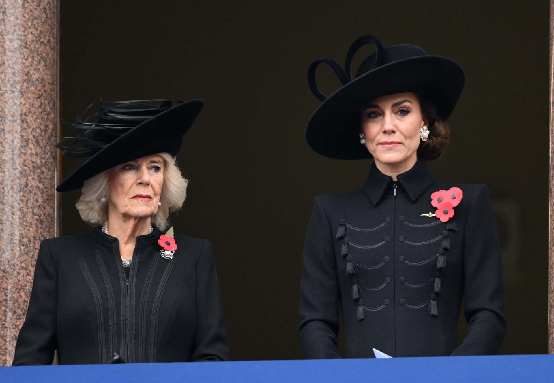 LONDON, ENGLAND - NOVEMBER 12: Queen Camilla and Catherine, Princess of Wales attends the National Service of Remembrance at The Cenotaph on November 12, 2023 in London, England. Every year, members of the British Royal family join politicians, veterans and members of the public to remember those who have died in combat. (Photo by Karwai Tang/WireImage)