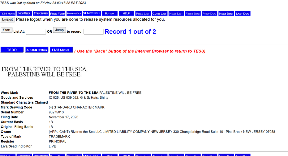 Anti-Israel Slogan Trademark screenshot