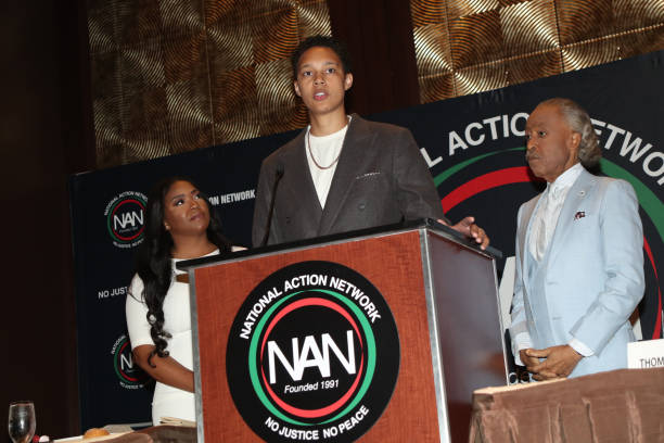 Cherelle Griner, Brittney Griner and Al Sharpton are seen during The National Action Network's Women's Empowerment Luncheon on April 13, 2023 in New...