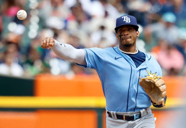 Shortstop Wander Franco of the Tampa Bay Rays throws out Zack Short of the Detroit Tigers at first base during the sixth inning at Comerica Park on...