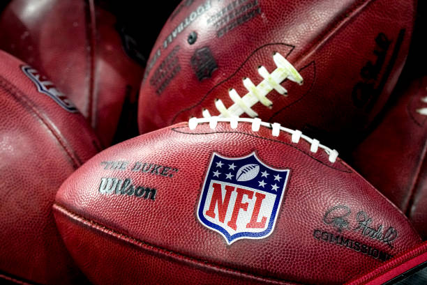 Wilson brand footballs with the NFL logo are pictured during the game between the Buffalo Bills and Cleveland Browns at Ford Field on November 20,...