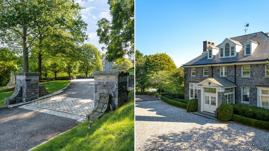 A split of the exterior of a home, featuring a stone walkway.