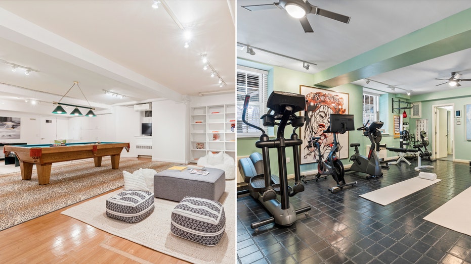 A split of a game room with a pool table and a gym with workout equipment.