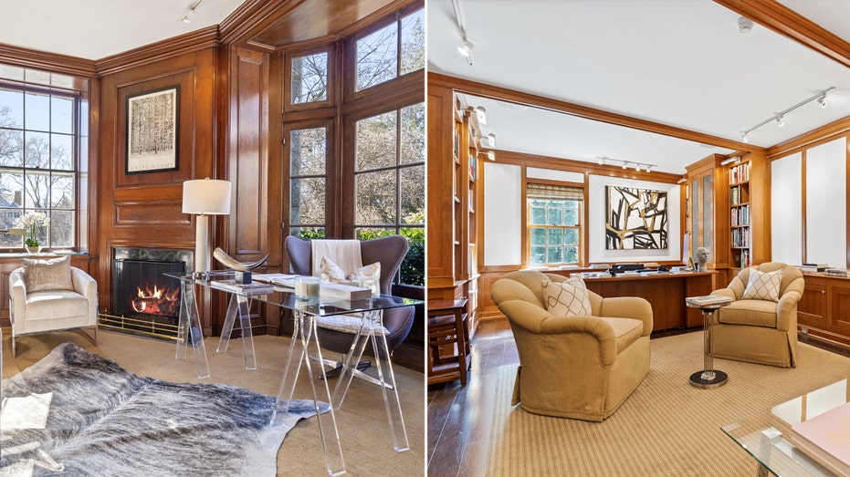 A split of two custom built offices with wood paneling on the walls.